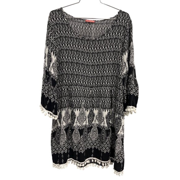 Simply Aster Mini Dress Plus Size 3X Pom Pom 3/4 Sleeve Paisley Black White Boho - Picture 1 of 7